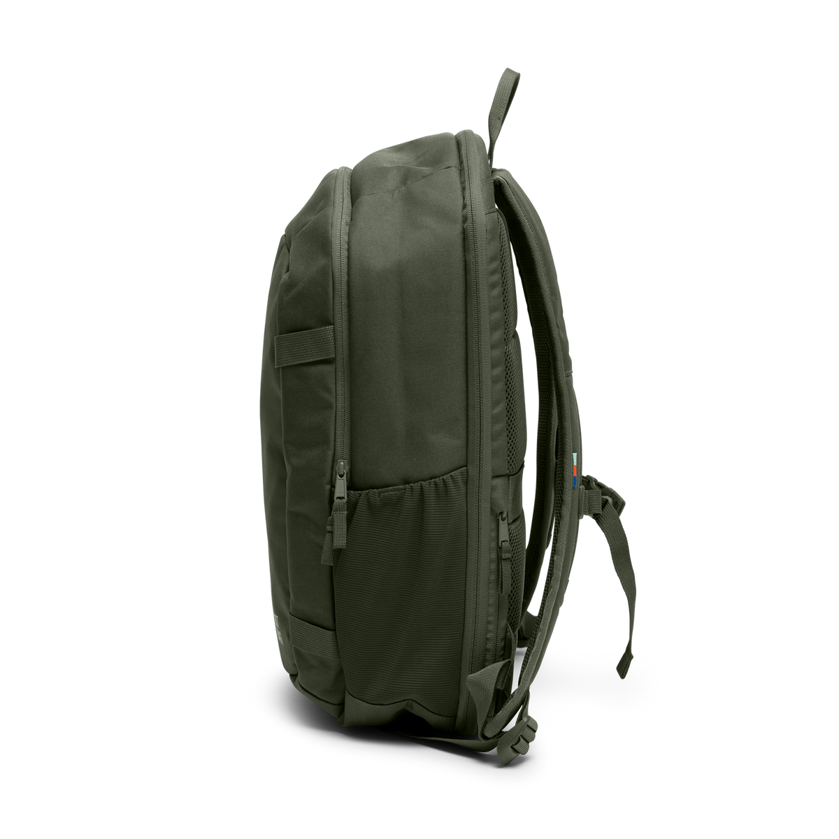 HYBRID PACK Rucksack in algae (Dunkelgrün mit Graustich) in Seitenansicht.