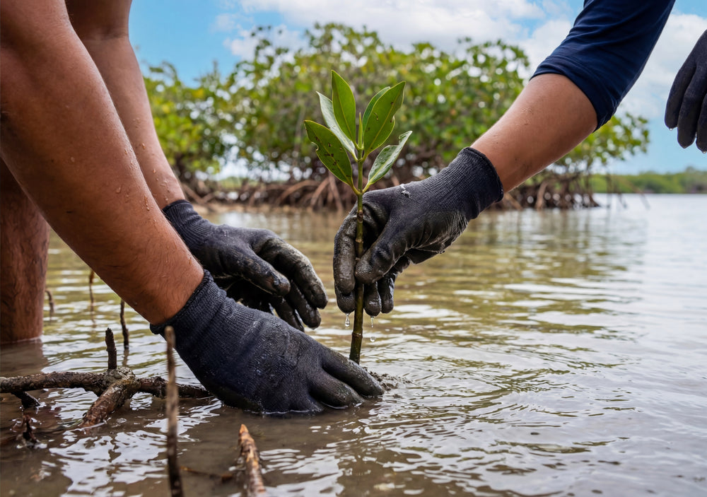 Zwei Hände mit Handschuhen pflanzen eine kleine Mangrovenpflanze in seichtes Wasser als Accessoires.