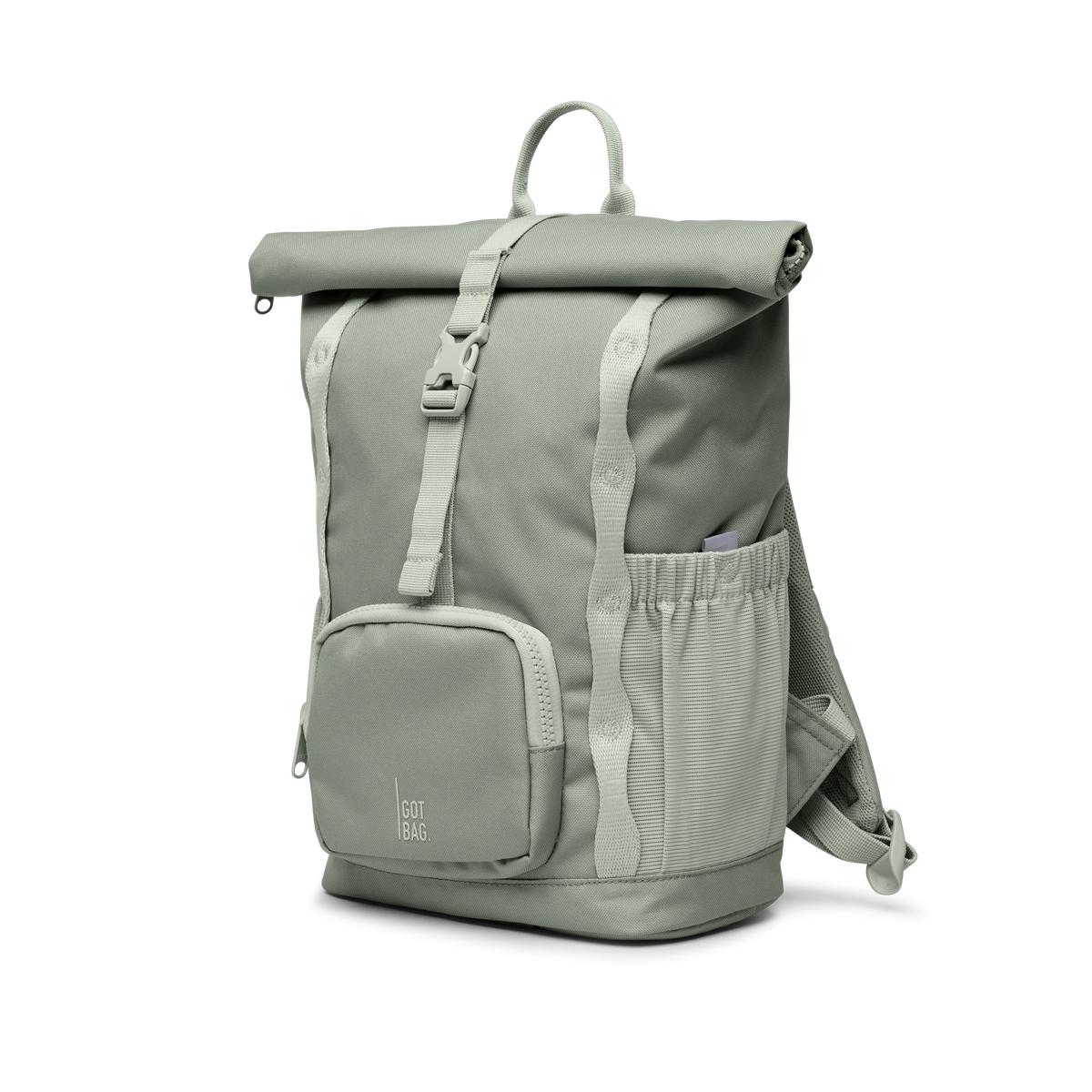 KIDS ADVENTURE ROLLTOP Rucksack in bass (Salbeigrün) in diagonaler Ansicht.