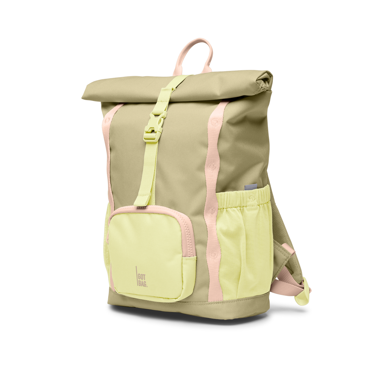 KIDS ADVENTURE ROLLTOP Rucksack in nori (pastellfarbenes Pistaziengrün) in Schrägansicht.