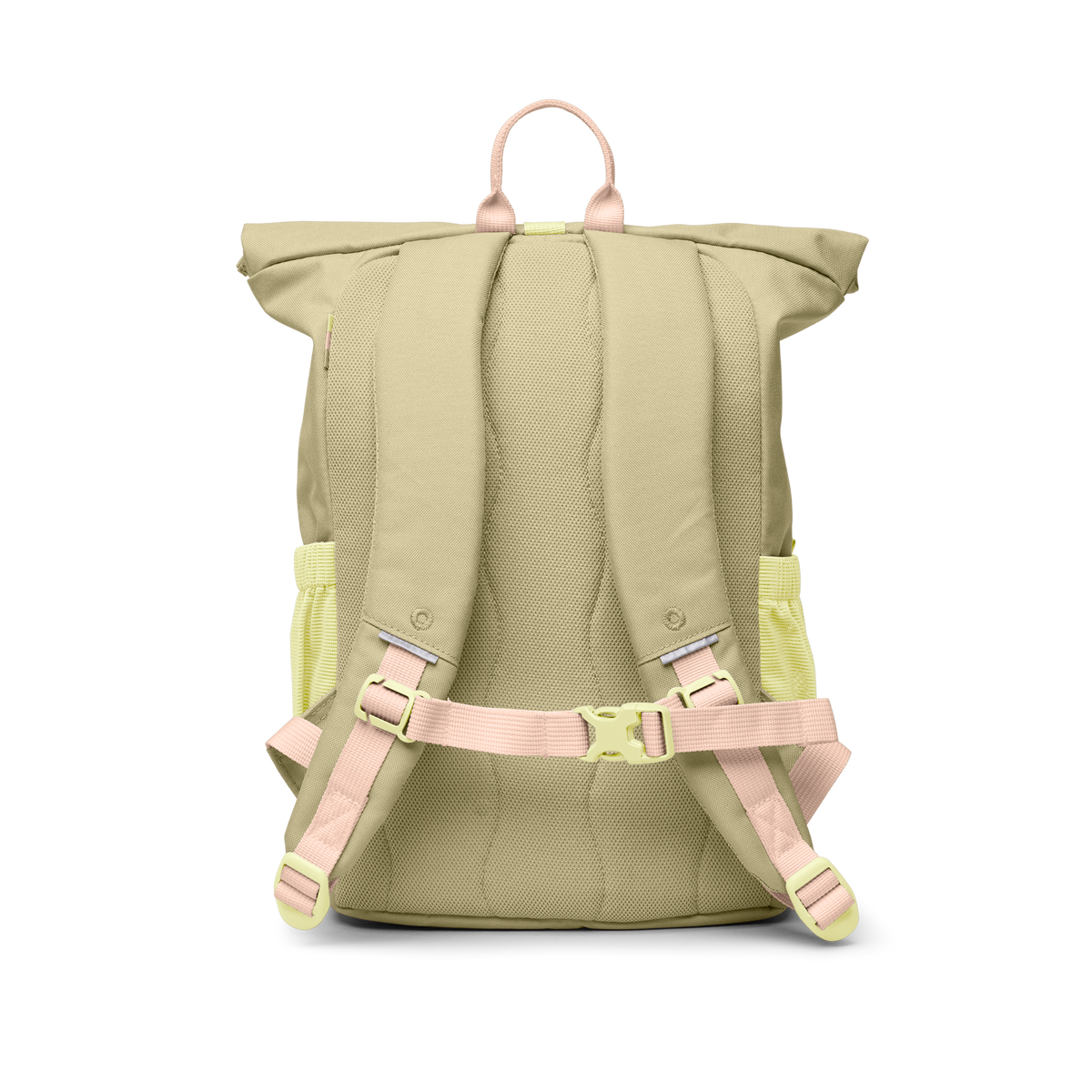 KIDS ADVENTURE ROLLTOP Rucksack in nori (pastellfarbenes Pistaziengrün) in Rückansicht.