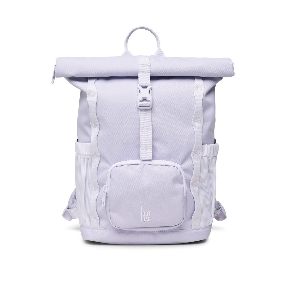 KIDS ADVENTURE ROLLTOP Rucksack in purple coral (pastellfarbenes helles Flieder) als Studioaufnahme in Frontansicht.