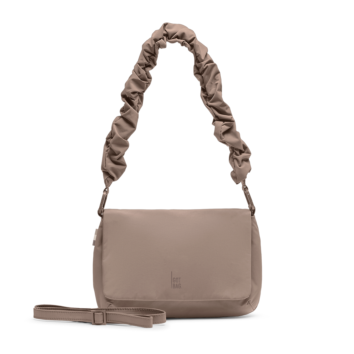 LUCID BAG Tasche in oyster (klassisches Taupe-Braun) in Frontansicht mit separatem Schultergurt.