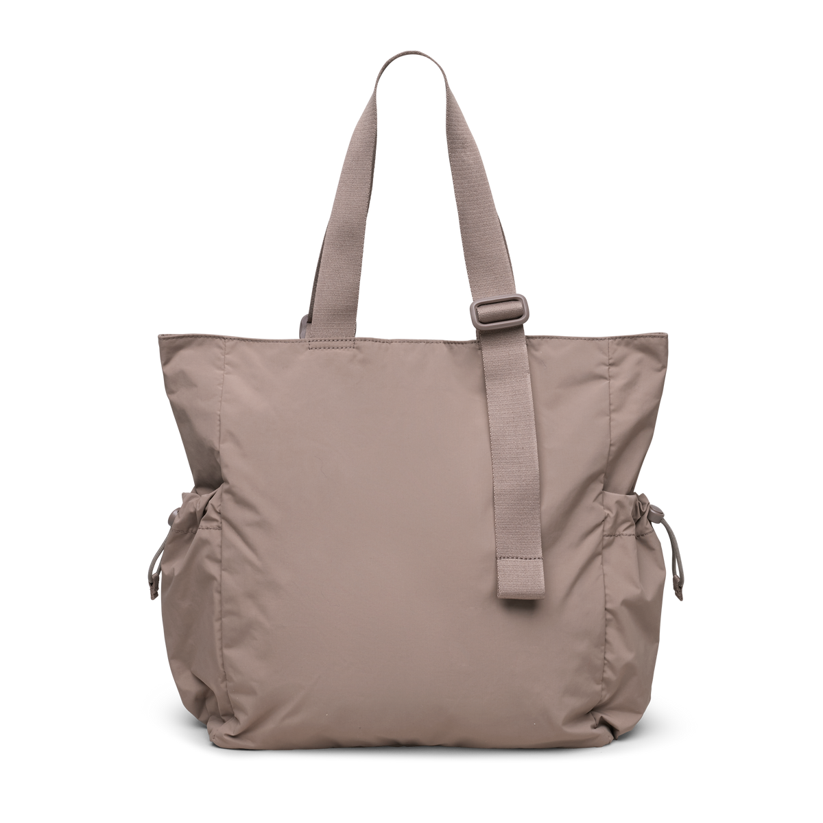 MELLOW TOTE BAG Tasche in oyster (klassisches Taupe-Braun) als Studioaufnahme in Rückenansicht.