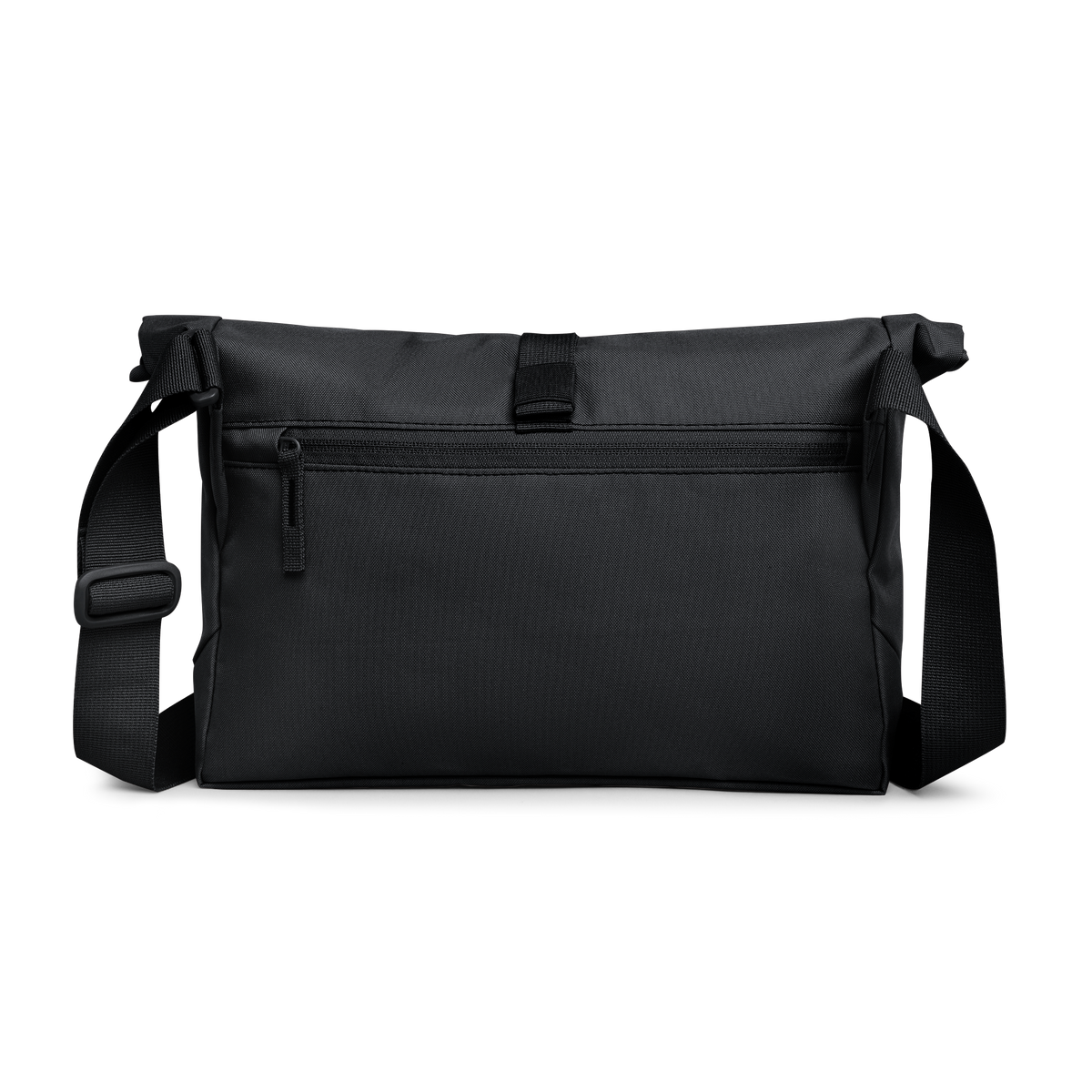 MESSENGER BAG Tasche in black (Schwarz) als Studioaufnahme in Rückansicht.