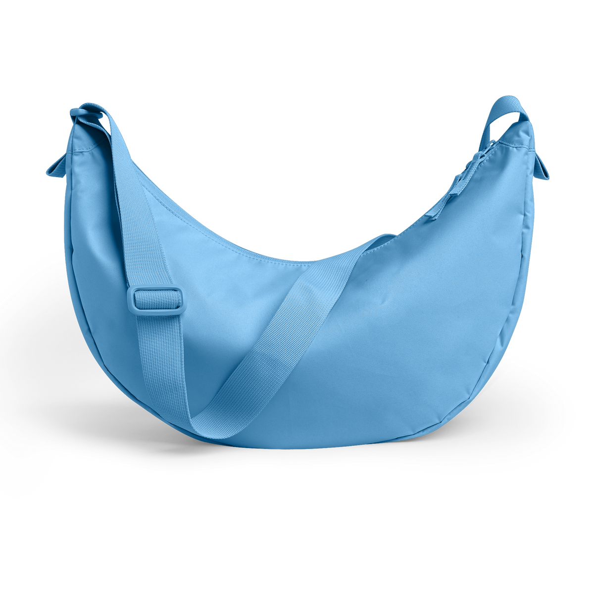 MOON BAG LARGE Tasche in aqua (leuchtendes Hellblau) als Studioaufnahme in Rückansicht.
