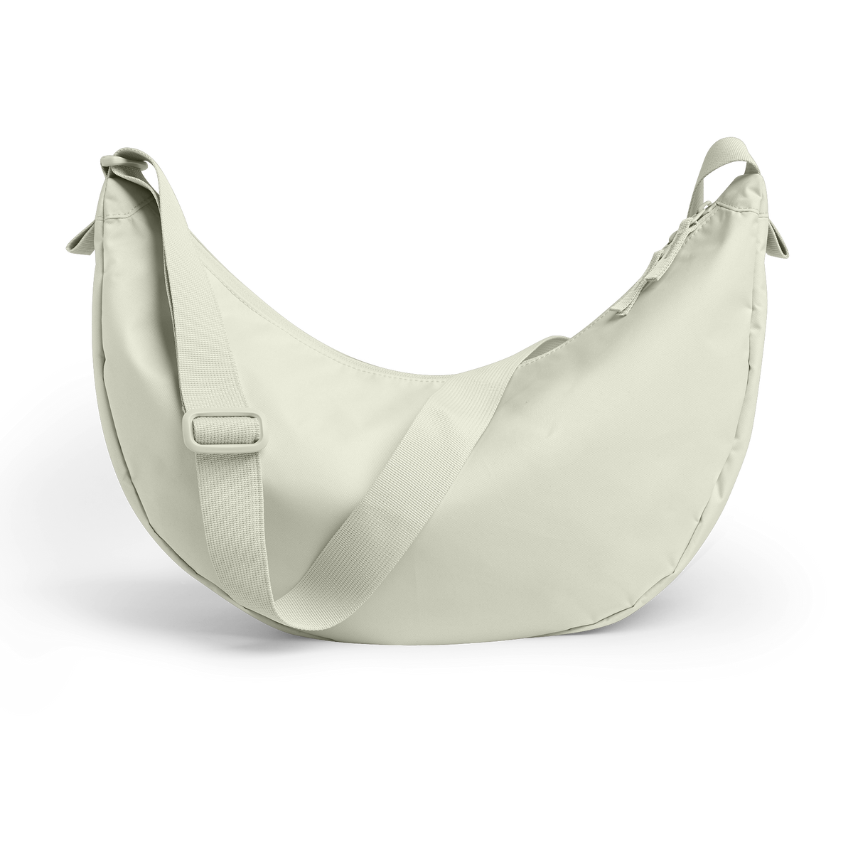 MOON BAG LARGE Tasche in beach foam (helles Grau) als Studioaufnahme in Rückenansicht.
