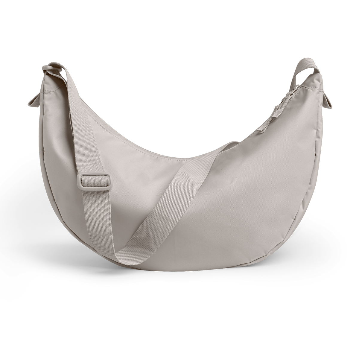 MOON BAG LARGE Tasche in clam (helles, warmes Grau) als Studioaufnahme in Rückansicht.