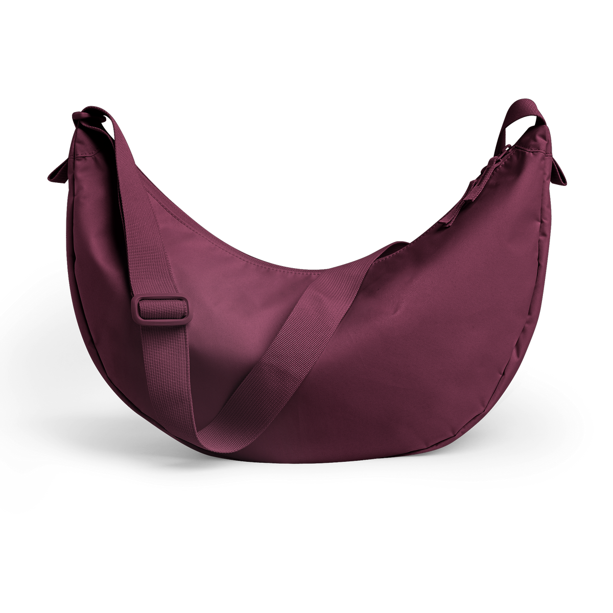MOON BAG LARGE Tasche in kraken (Weinrot) als Studioaufnahme in Rückenansicht.