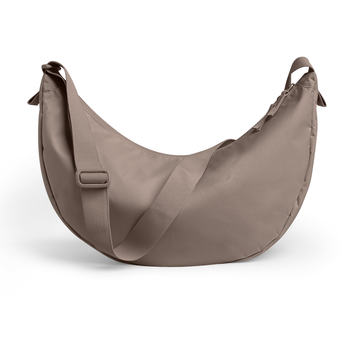 MOON BAG LARGE Tasche in oyster (klassisches Taupe-Braun) als Rückenansicht.