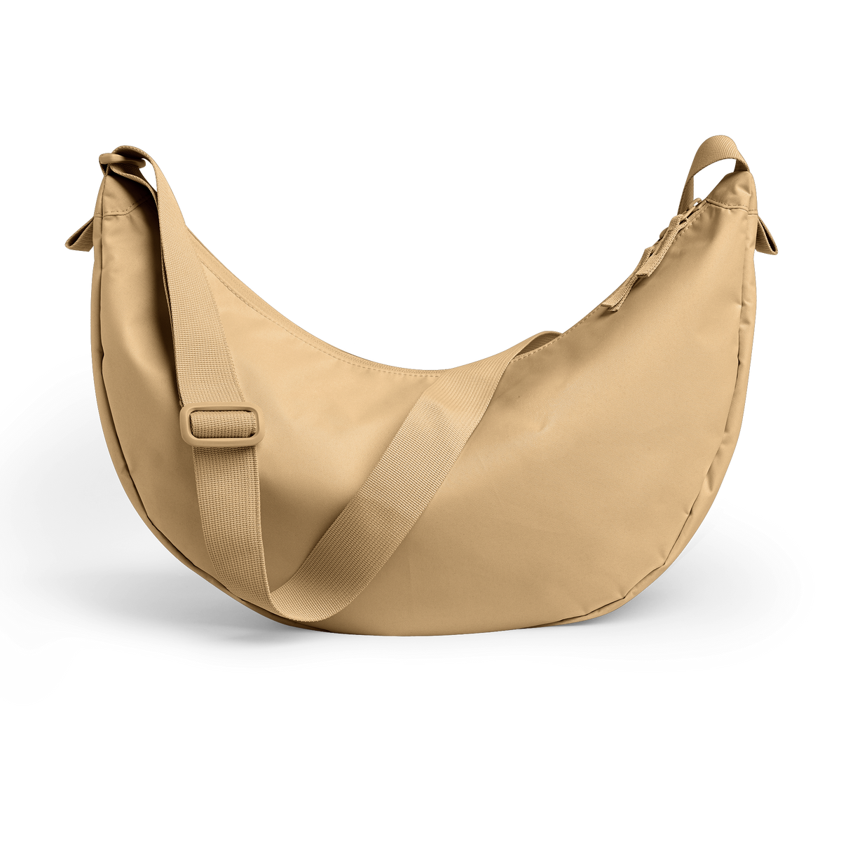 MOON BAG LARGE Tasche in sea moss (warmes Beige-Khaki) als Studioaufnahme in Rückansicht.
