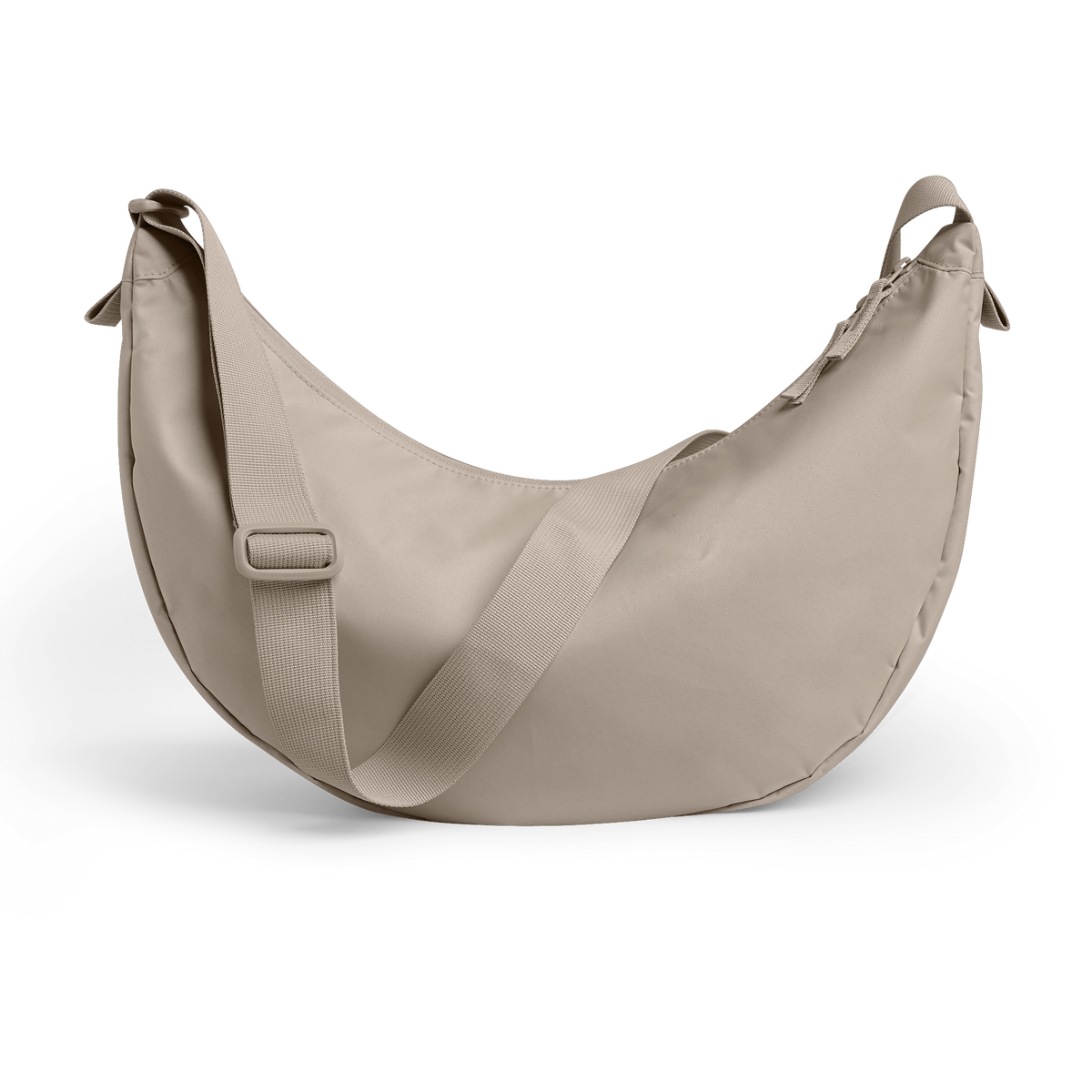 MOON BAG LARGE Tasche in scallop (helles Beige) als Studioaufnahme in Rückansicht.