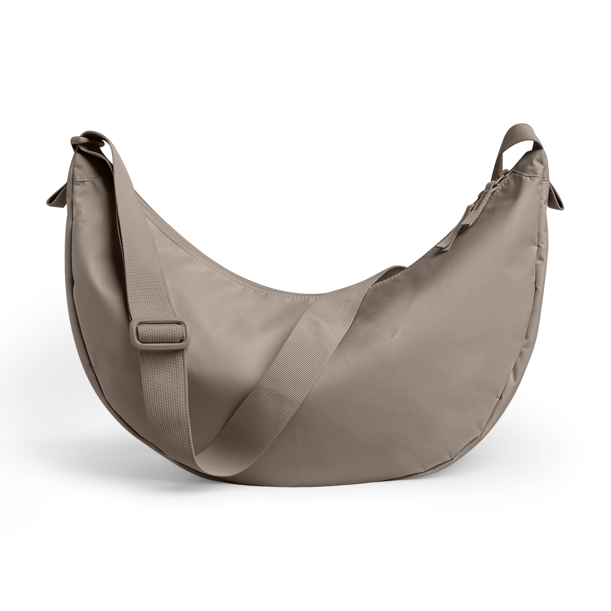 MOON BAG LARGE Tasche in seal (dunkler Beigeton) als Studioaufnahme in Rückenansicht.