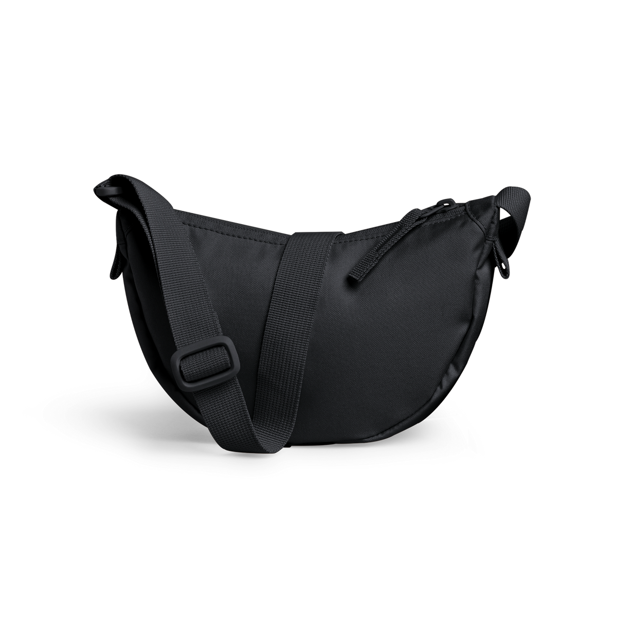 MOON BAG MINI Tasche in black (Schwarz) als Studioaufnahme in Rückansicht.