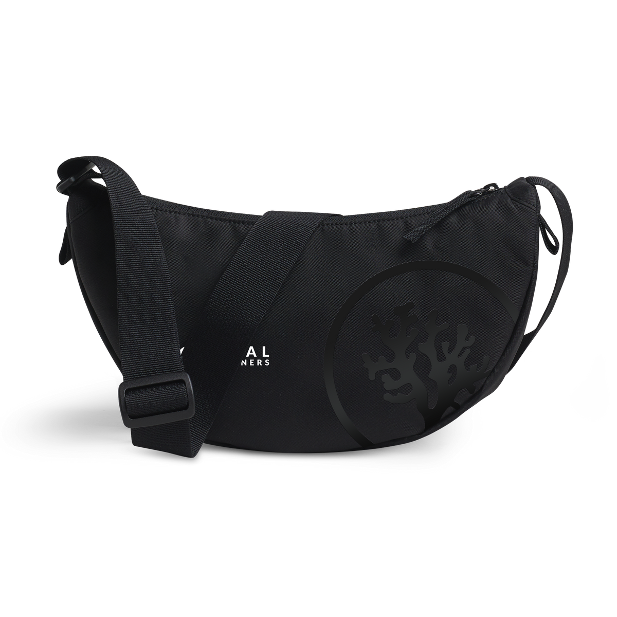 MOON BAG SMALL Tasche in black (Schwarz) als Studioaufnahme in Rückansicht.