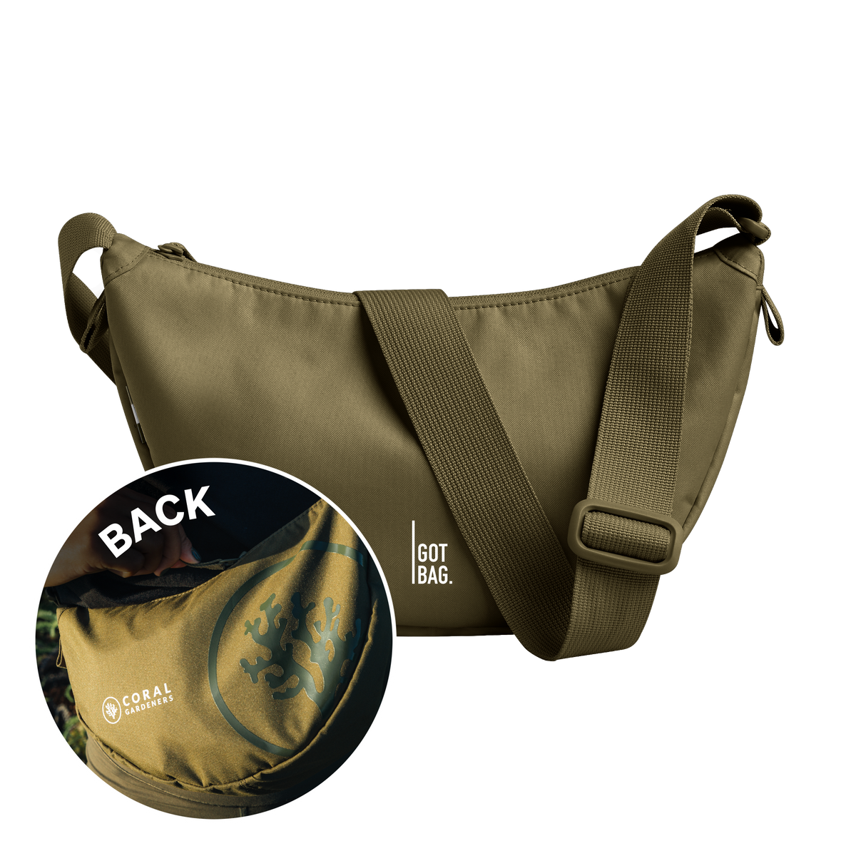 MOON BAG SMALL borsa in crocodile (verde oliva intenso) vista frontale, dettaglio del retro indossato da una donna.