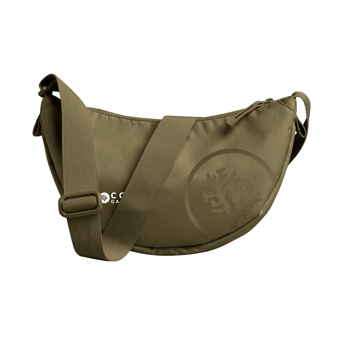 MOON BAG SMALL Tasche in crocodile (kräftiges Olivgrün) als Rückansicht.