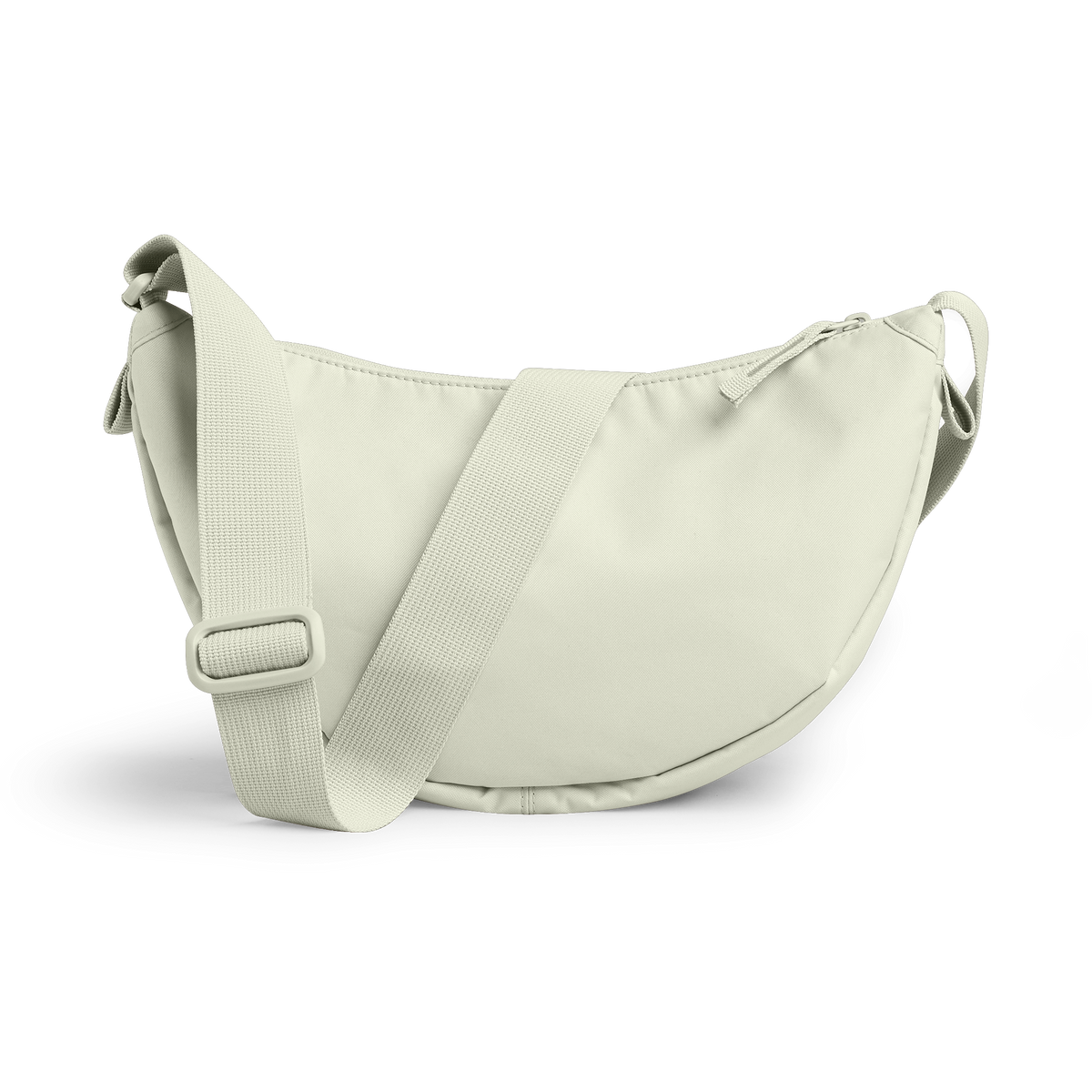 MOON BAG SMALL Monochrome Edition Tasche in beach-foam (helles Grau) als Studioaufnahme in Rückansicht.