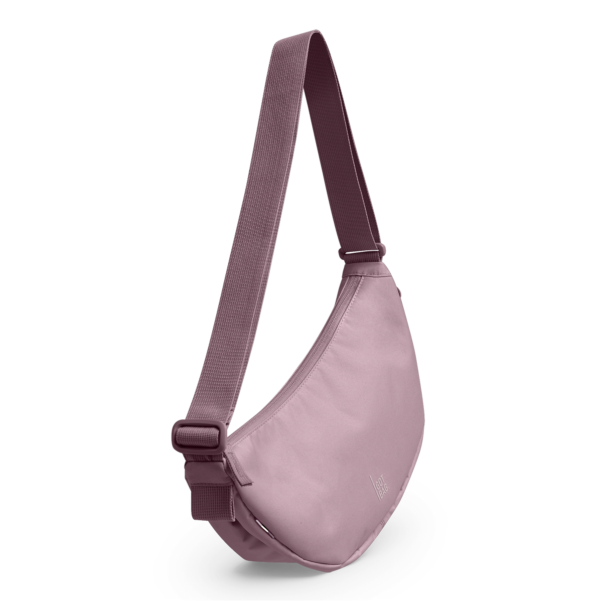 MOON BAG SMALL Tasche in calamary (Altrosa) in diagonaler Ansicht mit Schatten.