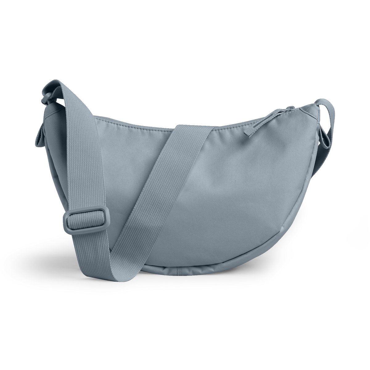 MOON BAG SMALL Monochrome Edition Tasche in marlin (grau-blau) als Studioaufnahme in Rückansicht.