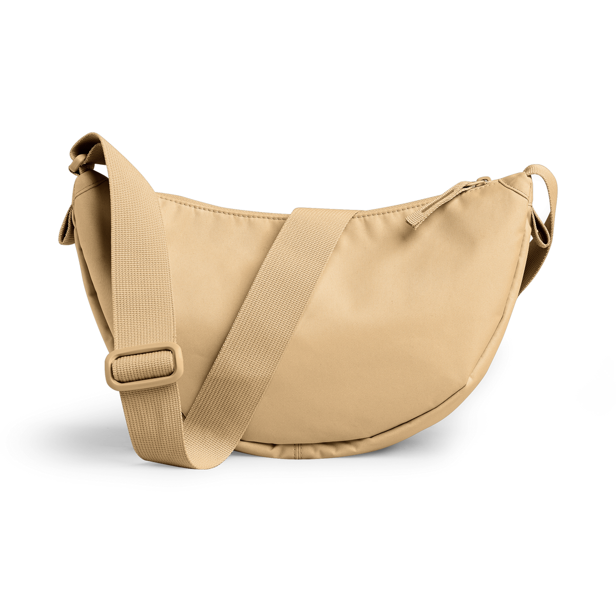 MOON BAG SMALL Tasche in sea moss (warmes Beige-Khaki) als Studioaufnahme in Rückansicht.