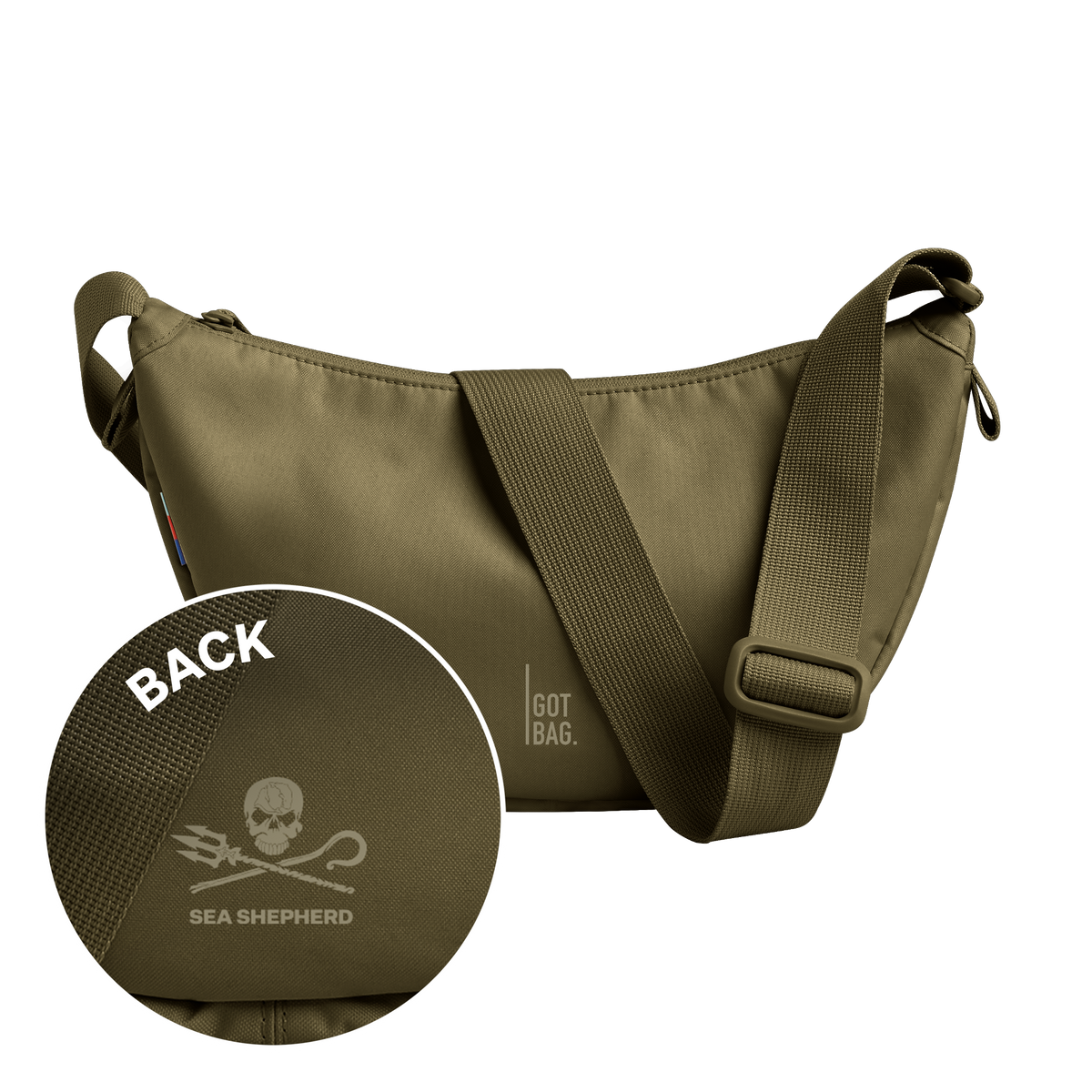 MOON BAG SMALL borsa in crocodile (verde oliva intenso) vista frontale con dettaglio logo Sea Shepherd.