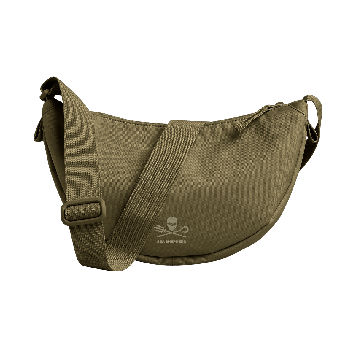 MOON BAG SMALL Tasche in crocodile (kräftiges Olivgrün) als Studioaufnahme in Rückansicht.