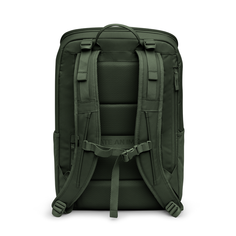 PRO PACK TRAVEL Rucksack in algae (Dunkelgrün mit Graustich) in Rückenansicht.