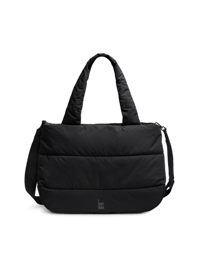 PUFFER HORIZON TOTE BAG borsa in black (nero) scatto in studio, vista frontale.