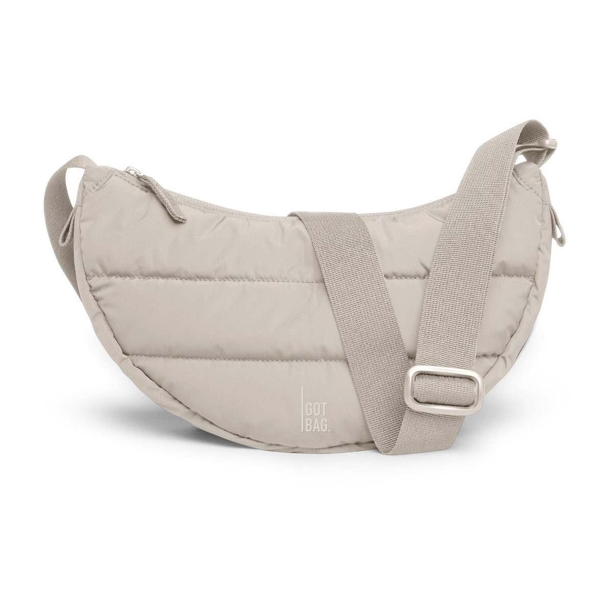 PUFFER MOON BAG SMALL Tasche in scallop (helles Beige) als Studioaufnahme in Frontansicht.