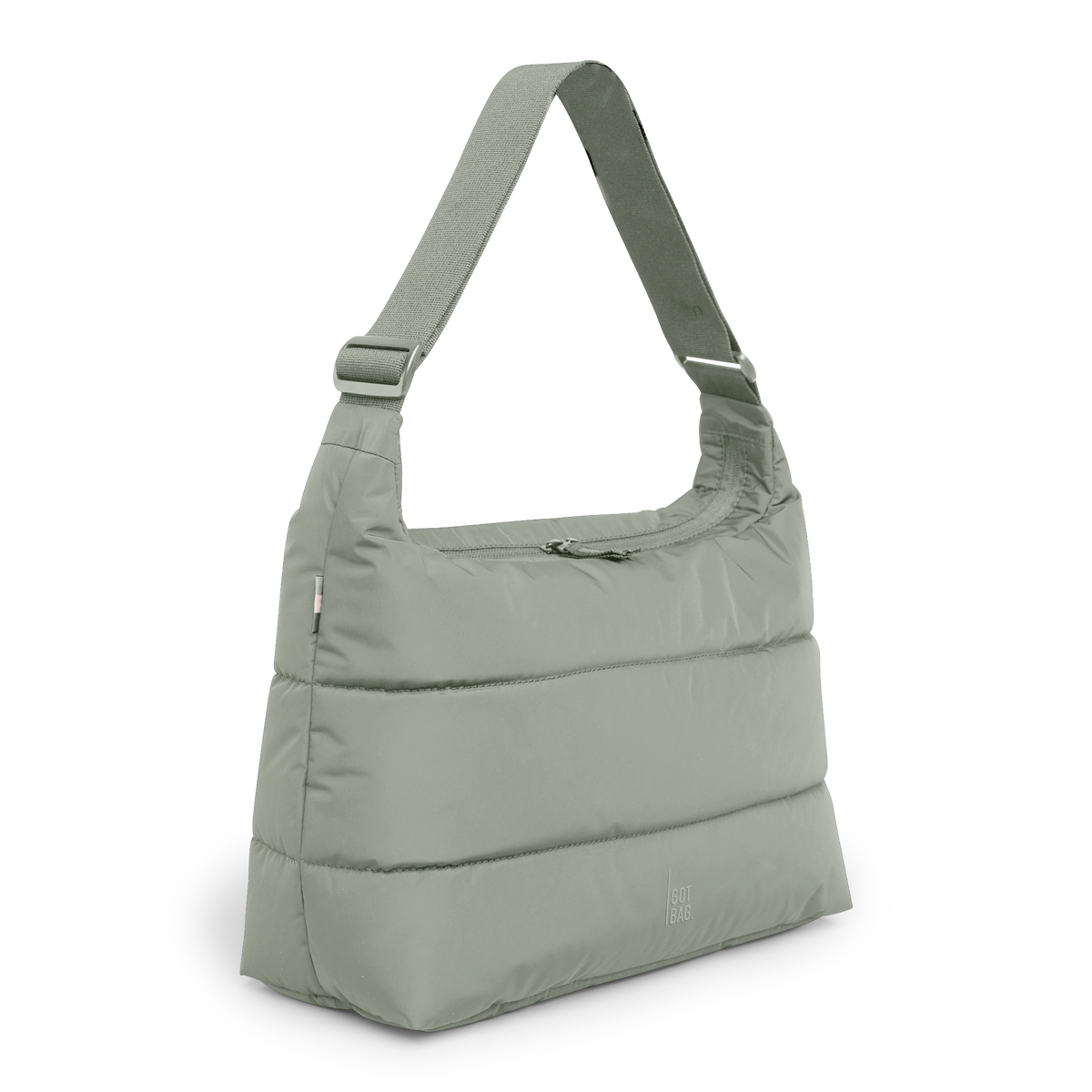 PUFFER SQUARE BAG Tasche in bass (Salbeigrün) als Studioaufnahme in Diagonale Ansicht.