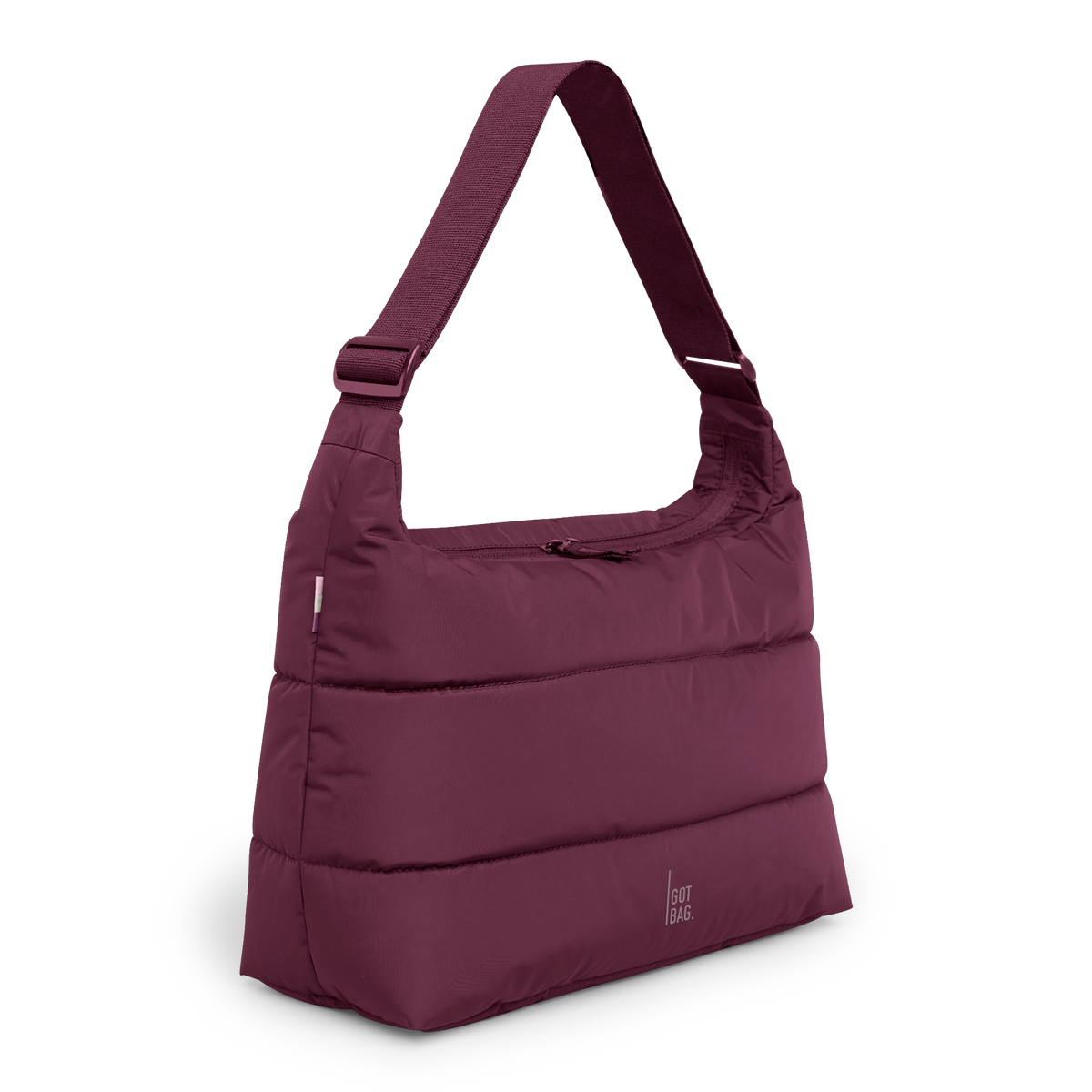 PUFFER SQUARE BAG Tasche in kraken (Weinrot) in diagonaler Ansicht als Studioaufnahme.