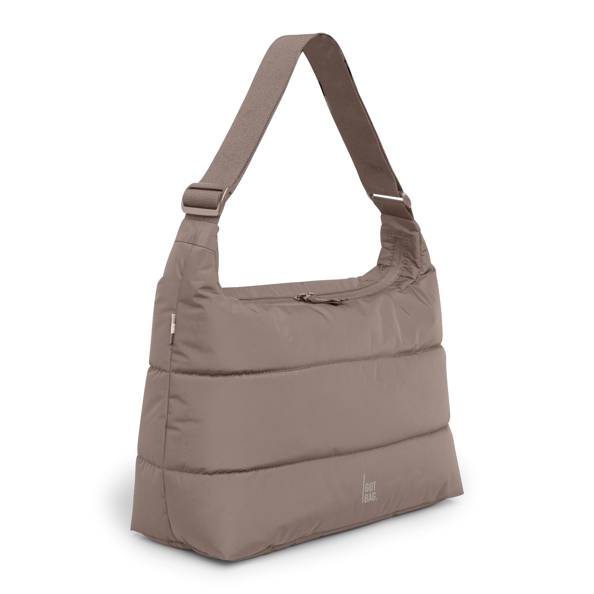 PUFFER SQUARE BAG Tasche in oyster (klassisches Taupe-Braun) in diagonaler Ansicht.