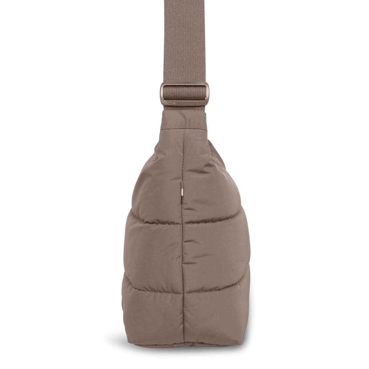 PUFFER SQUARE BAG Tasche in oyster (klassisches Taupe-Braun) in Seitenansicht.