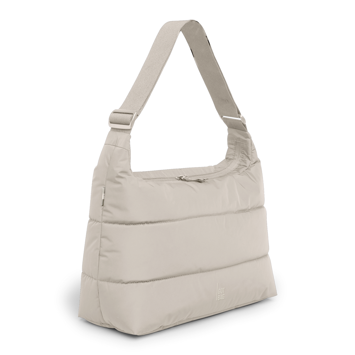PUFFER SQUARE BAG Tasche in scallop (helles Beige) in diagonaler Ansicht.