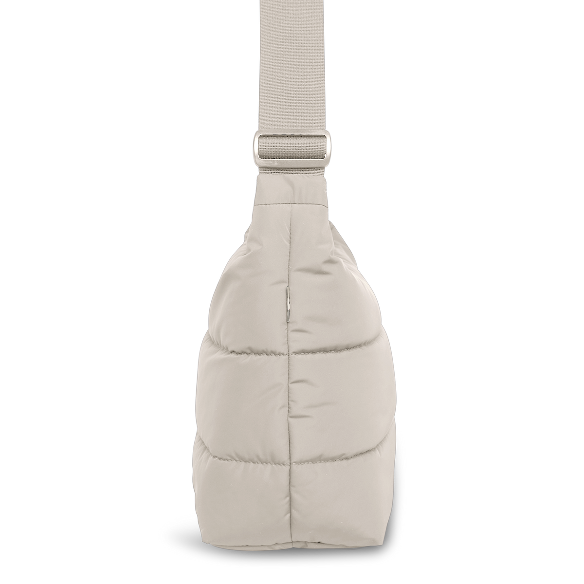 PUFFER SQUARE BAG Tasche in scallop (helles Beige) als Studioaufnahme in Seitenansicht.