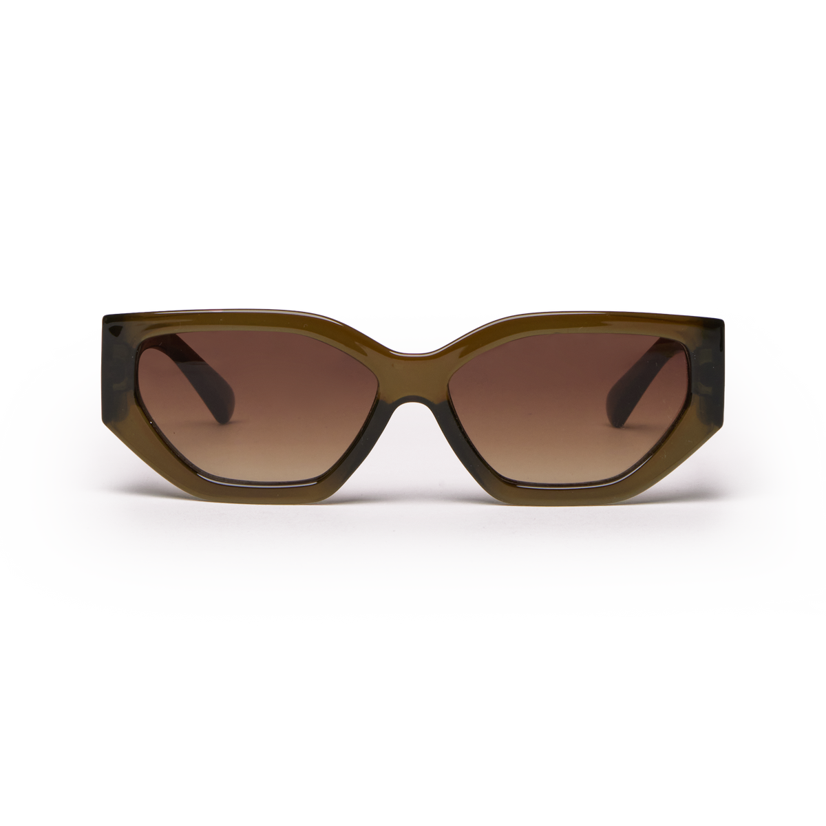 RE SHADES NO.10 RE:SHADE in trench (warmes Goldbraun) mit markanter, rechteckiger Form als Studioaufnahme in Frontansicht.
