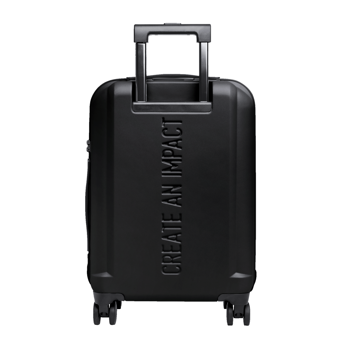 RE-SHELL CABIN Koffer in black (Schwarz) mit CREATE AN IMPACT Prägung als Rückansicht.