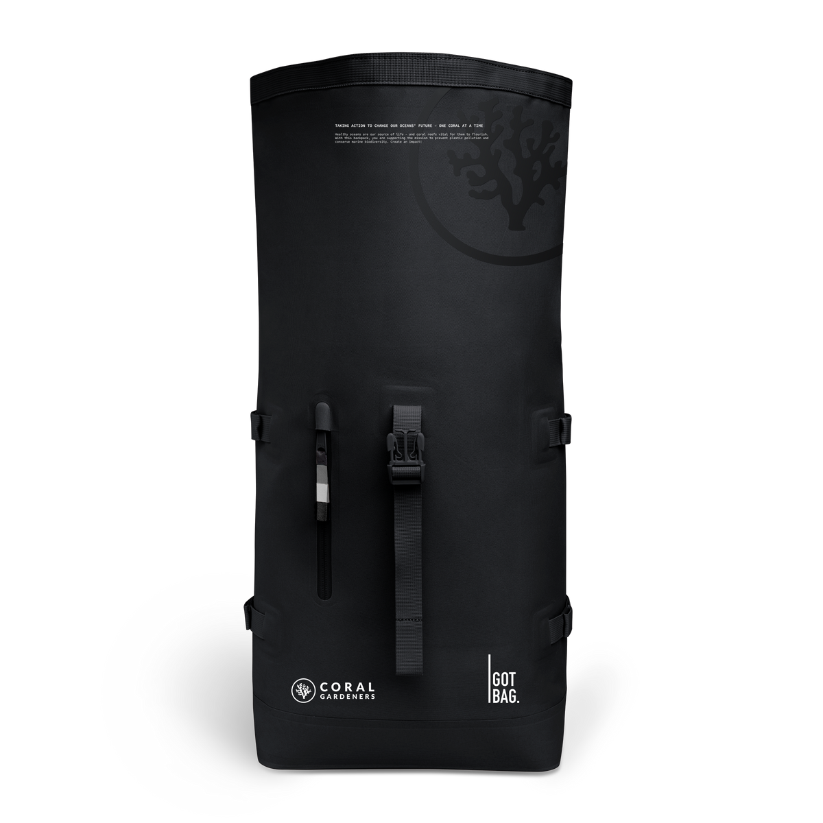 ROLLTOP 2.0 Rucksack in black (Schwarz) in Frontansicht.