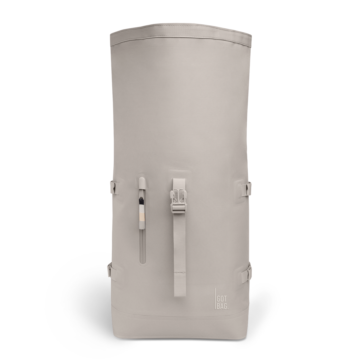 ROLLTOP Rucksack in clam (helles, warmes Grau) als Studioaufnahme in Frontansicht.