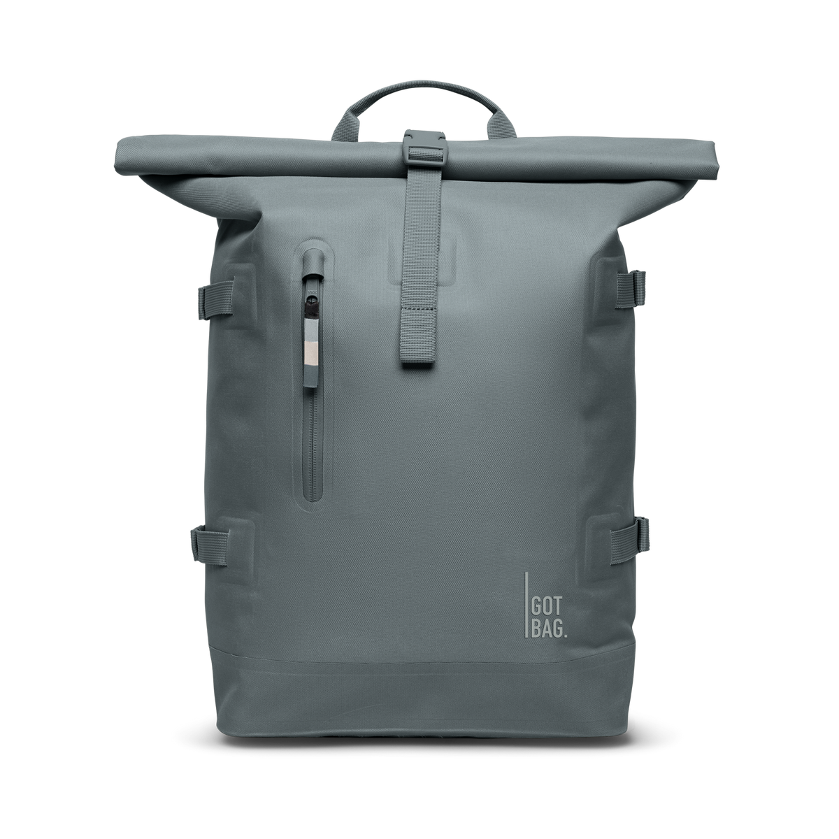 ROLLTOP Rucksack in basalt (graues Eisblau) als Studioaufnahme in Frontansicht.