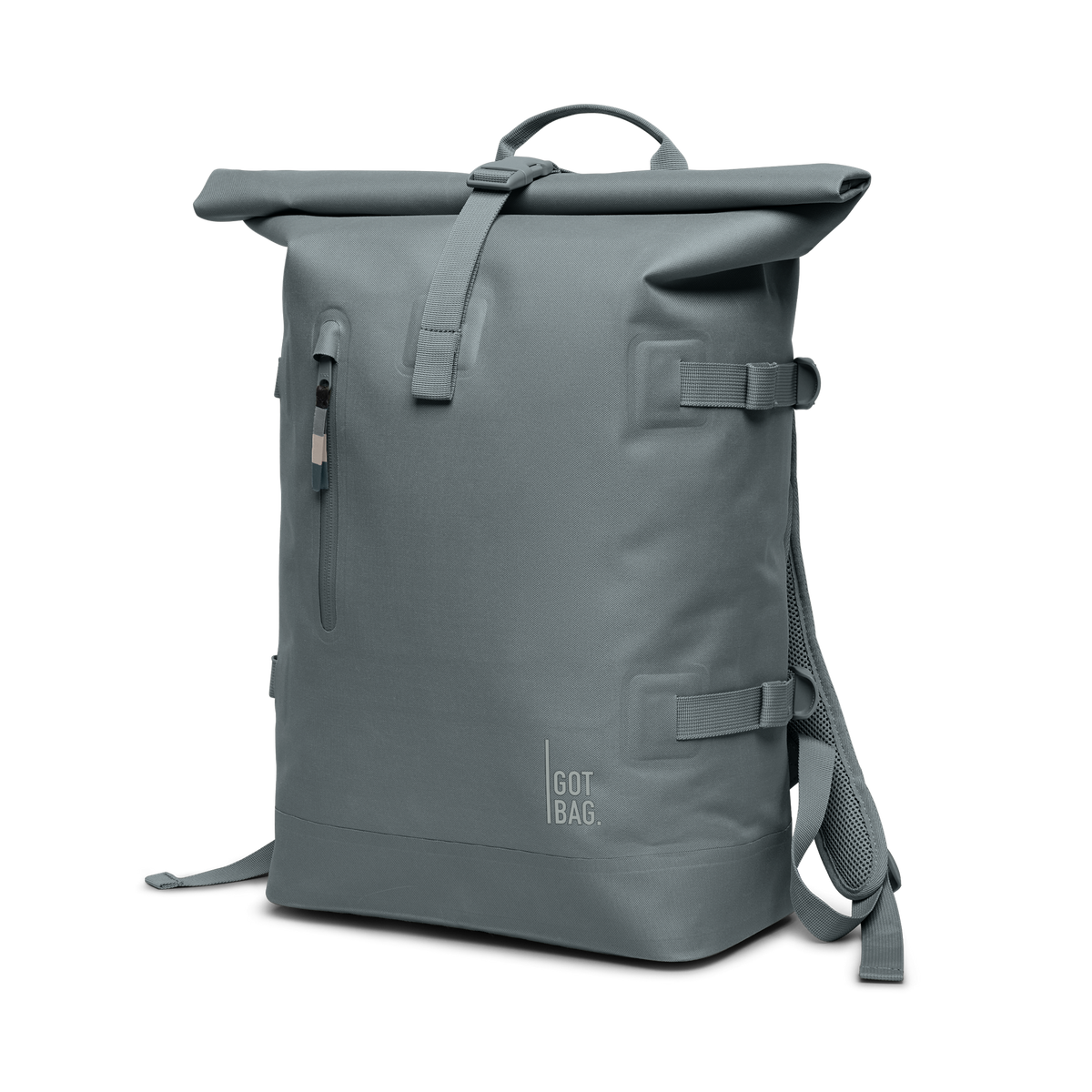 ROLLTOP 2.0 MONOCHROME EDITION Rucksack in basalt (graues Eisblau) in Diagonalansicht.