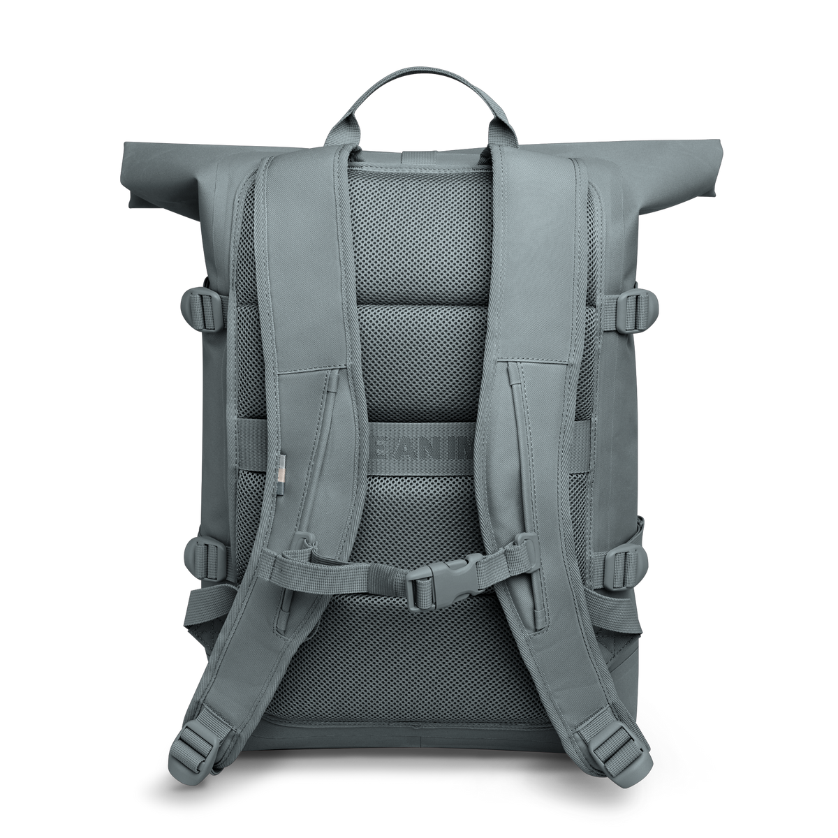 ROLLTOP 2.0 Rucksack in basalt (graues Eisblau) in Rückansicht.