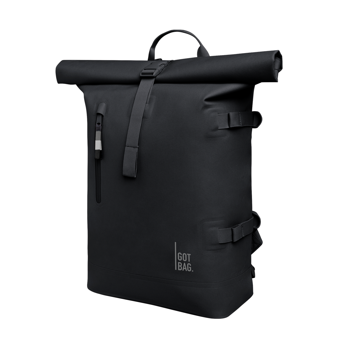 ROLLTOP Rucksack in black (Schwarz) in Schrägansicht.