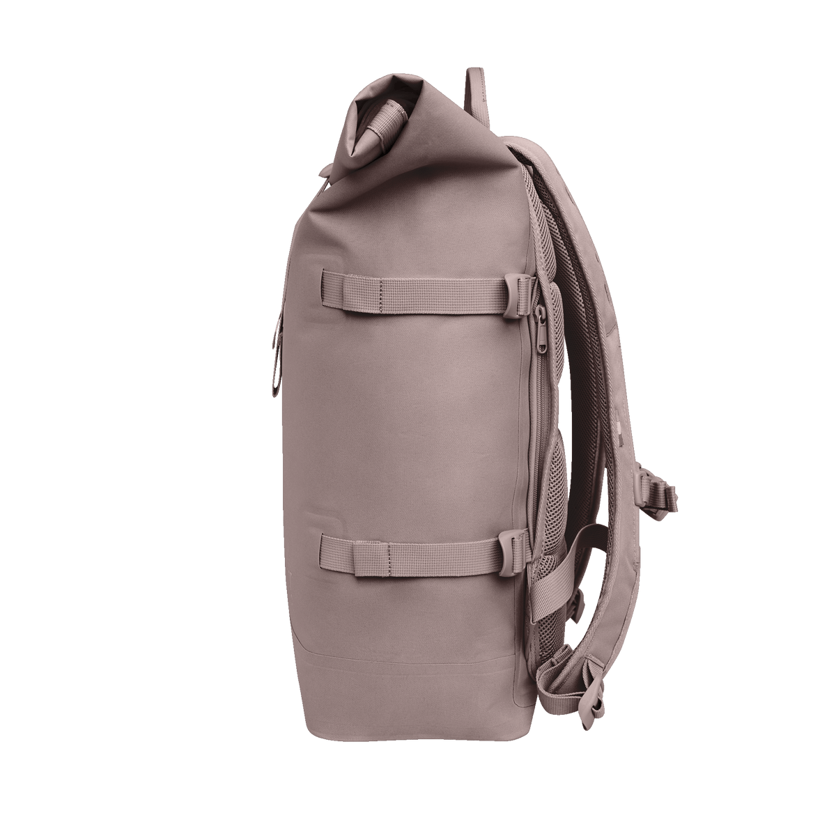 ROLLTOP 2.0 MONOCHROME EDITION Rucksack in blobfish (dunkles Altrosa) als Studioaufnahme in Seitenansicht.