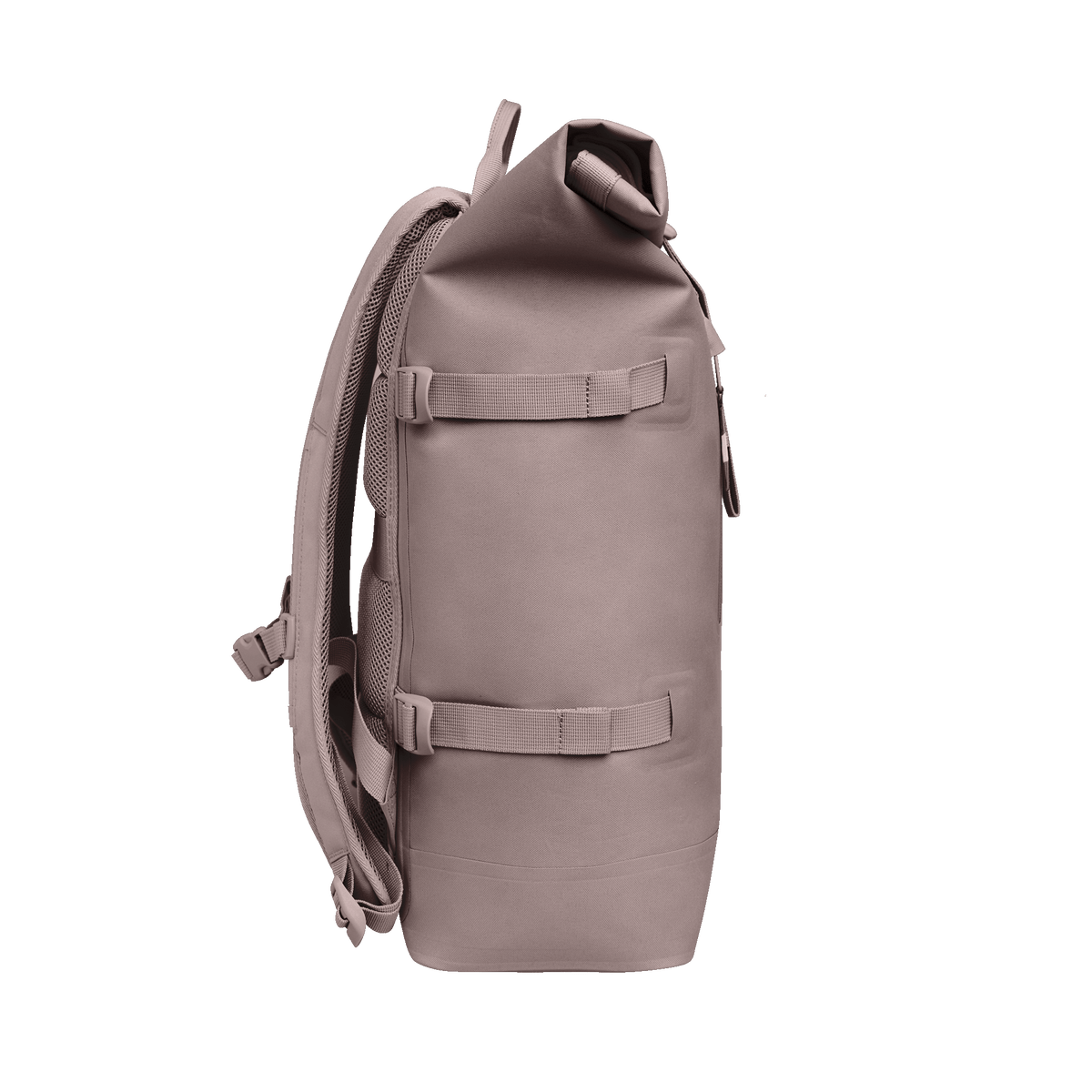 ROLLTOP 2.0 Monochrome Edition Rucksack in blobfish (dunkles Altrosa) als Studioaufnahme in Seitenansicht.