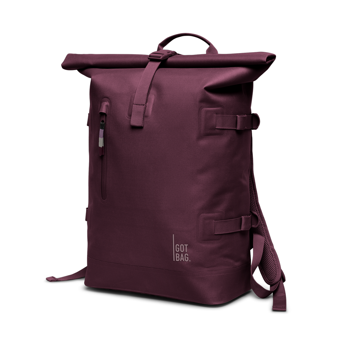 ROLLTOP 2.0 Rucksack in kraken (Weinrot) in diagonaler Ansicht.