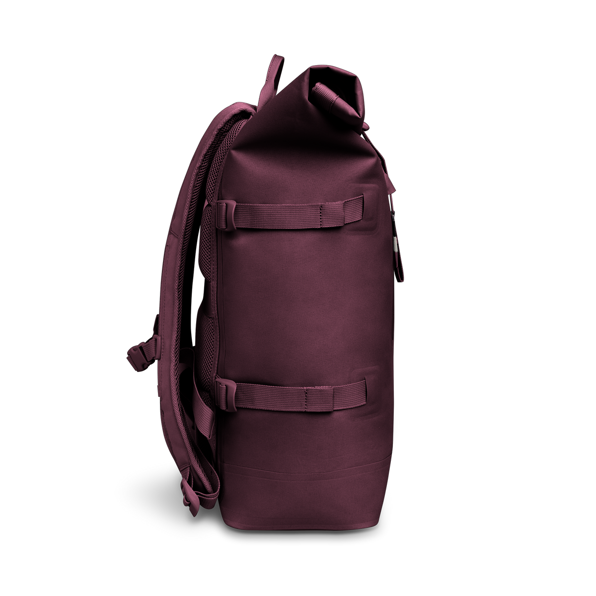 ROLLTOP Rucksack in kraken (Weinrot) als Seitenansicht.