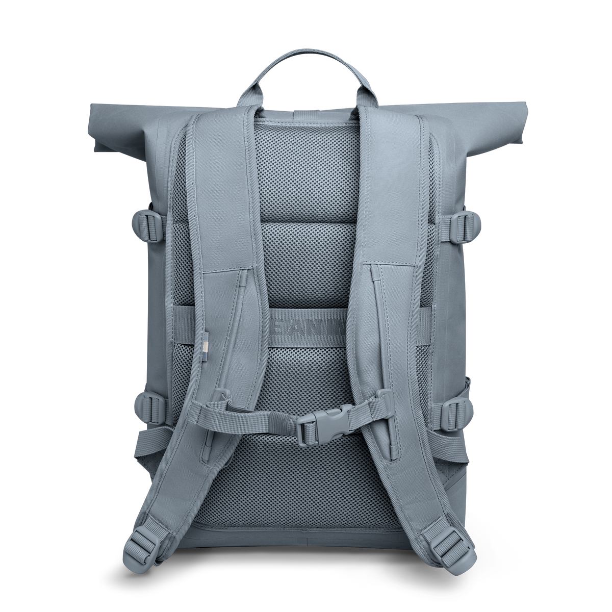 ROLLTOP 2.0 MONOCHROME EDITION Rucksack in marlin (grau-blau) in Rückenansicht.