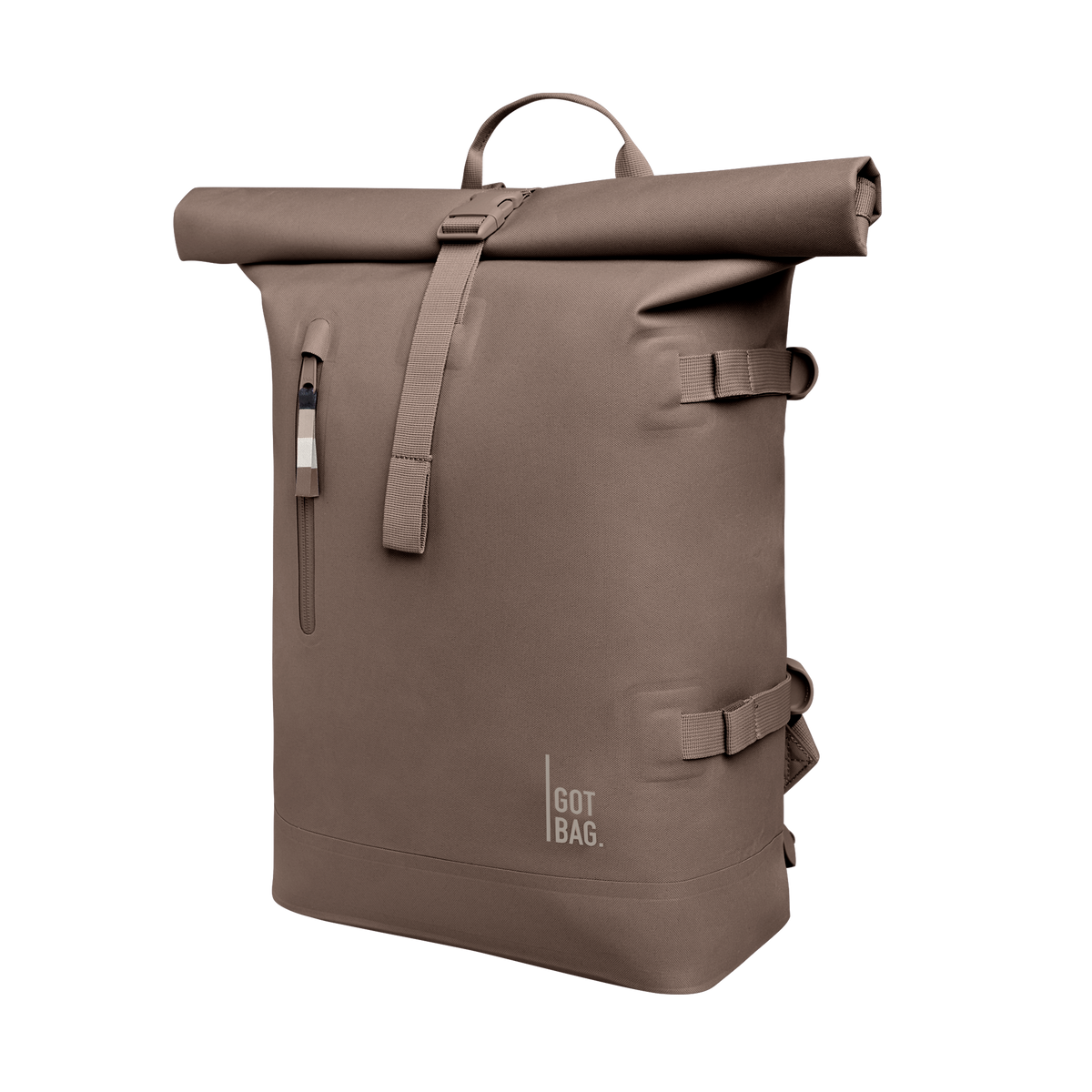 ROLLTOP 2.0 Rucksack in oyster (klassisches Taupe-Braun) in Schrägansicht.